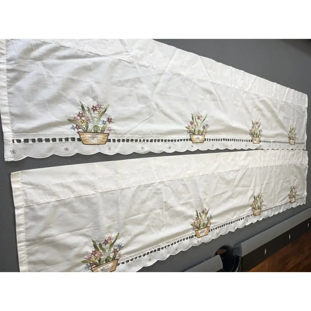 Embroidered Window Valances Scalloped Cutwork White 2 Panel Set Floral 60x13